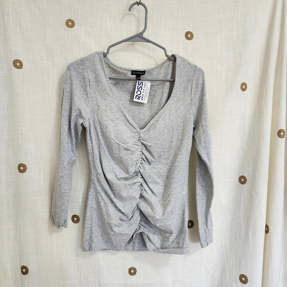 Express - Gray Ruched V-Neck Top